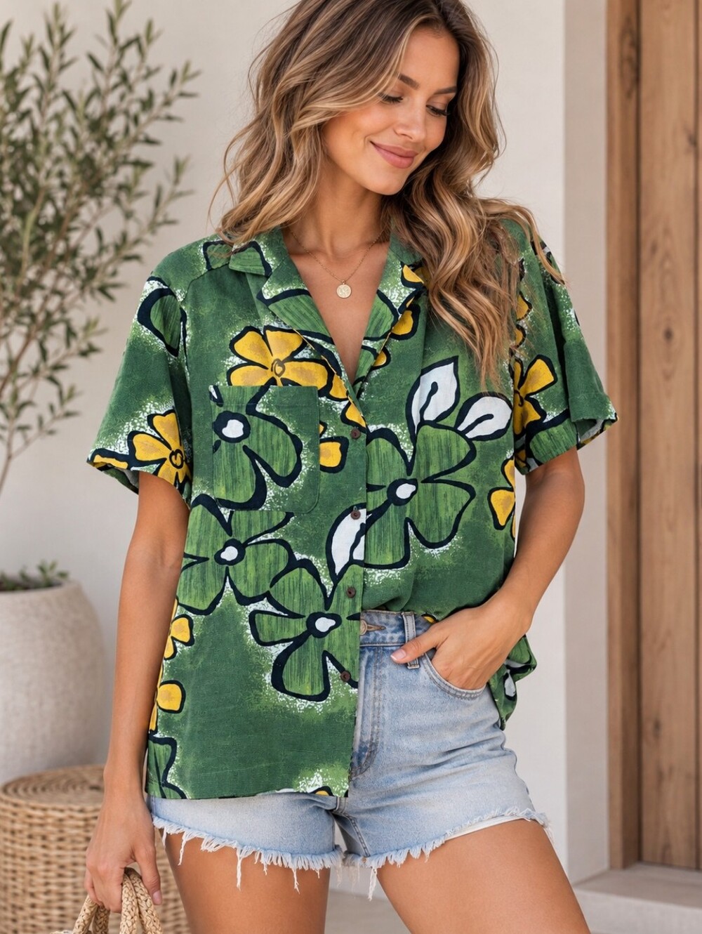BDG Green Floral Linen/Viscose Blend Button-Up Shirt